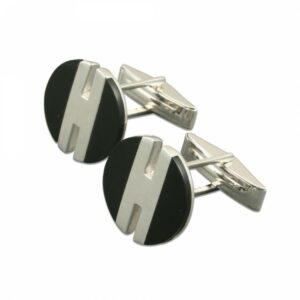 Round onyx-silver stripe cufflinks