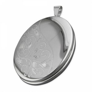 20mm rhodium-plated oval with part engraved leaf p...