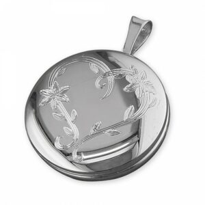 16mm round rhodium-plated with leaf-engraved heart