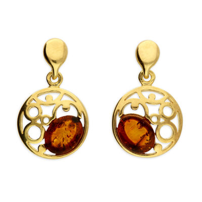 Gold-plated cognac amber bead set in a fancy swirl...