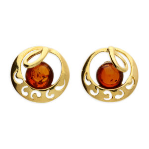 Gold-plated cognac amber bead set in a swirl patte...